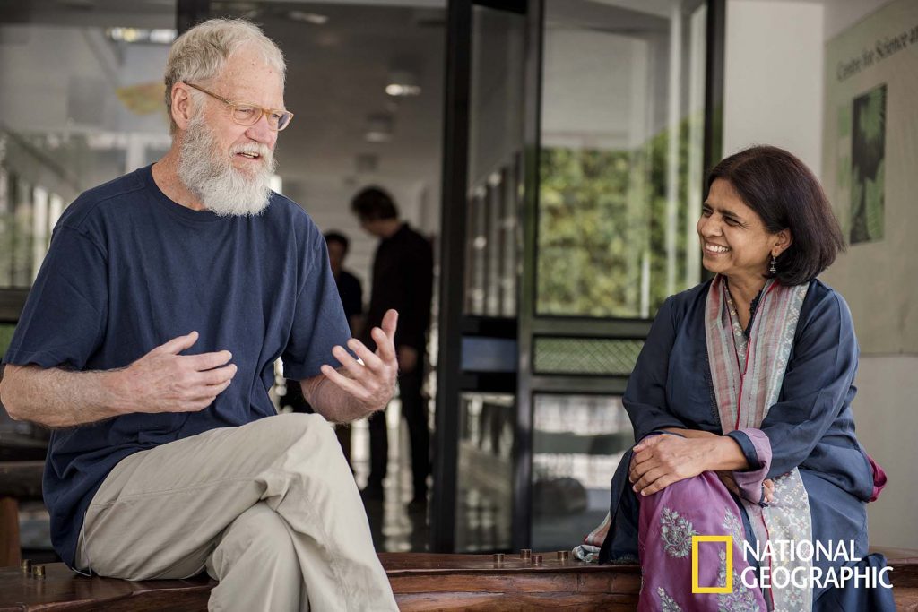 INDIA- David Letterman meets Sunita (environment activist) to discuss renewable energy. (Photo credit: National Geographic Channels/Ismail Ferdous)