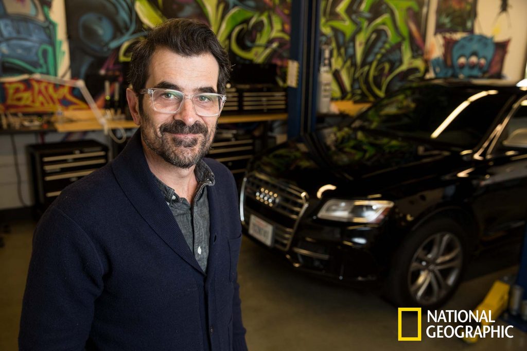 MOUNTAIN VIEW, CALIF.- Correspondent Ty Burrell visits Delphi Labs in Mountain View, CA to learn about autonomous driving technology. (Photo credit: National Geographic Channels/Erin Lubin)