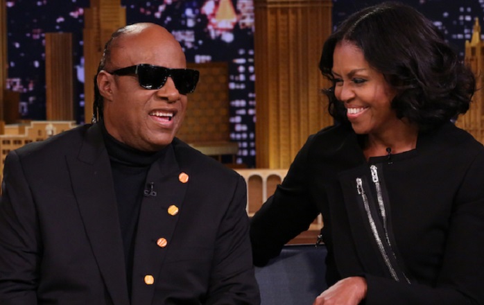 THE TONIGHT SHOW STARRING JIMMY FALLON -- Episode 0600 -- Pictured: (l-r) Musical guest Stevie Wonder is greeted by First Lady Michelle Obama on January 11, 2017 -- (Photo by: Andrew Lipovsky/NBC/NBCU Photo Bank via Getty Images)
