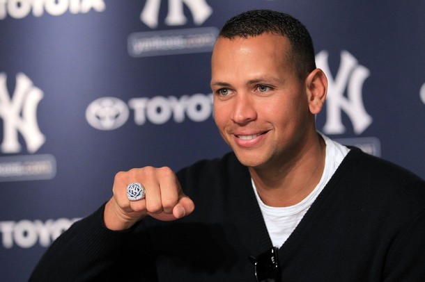 NEW YORK - APRIL 13:  Alex Rodriguez #13 of the New York Yankees shows off his World Series ring to the media during a press conference after the Yankees home opener at Yankee Stadium on April 13, 2010 in the Bronx borough of New York City.  (Photo by Chris McGrath/Getty Images)