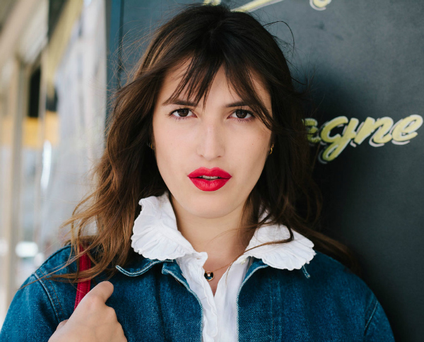jeanne damas, french girl, bangs, red lips, 